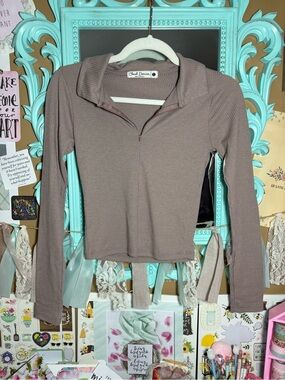 Cloud Dancer Long Sleeve Ribbed Quarter Zip Fitted Brown Top Women’s Size Small